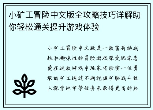 小矿工冒险中文版全攻略技巧详解助你轻松通关提升游戏体验